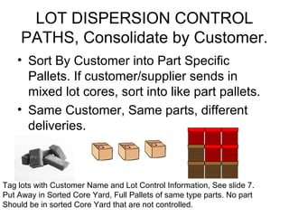 LOT DISPERSION CONTROL
PATHS, Consolidate by Customer.
• Sort By Customer into Part Specific
Pallets. If customer/supplier sends in
mixed lot cores, sort into like part pallets.
• Same Customer, Same parts, different
deliveries.
Tag lots with Customer Name and Lot Control Information, See slide 7.
Put Away in Sorted Core Yard, Full Pallets of same type parts. No part
Should be in sorted Core Yard that are not controlled.
 