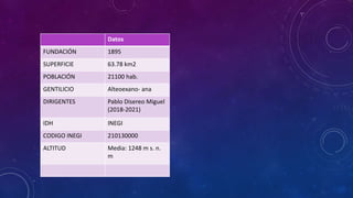 Datos
FUNDACIÓN 1895
SUPERFICIE 63.78 km2
POBLACIÓN 21100 hab.
GENTILICIO Alteoexano- ana
DIRIGENTES Pablo Disereo Miguel
(2018-2021)
IDH INEGI
CODIGO INEGI 210130000
ALTITUD Media: 1248 m s. n.
m
 
