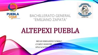 BACHILLERATO GENERAL
“EMILIANO ZAPATA”
ALTEPEXI PUEBLA
BRYAN HERNANDEZ TORIBIO
CUARTO SEMESTRE. GRUPO “A”
APLICACIONES INFORMATICAS.
 