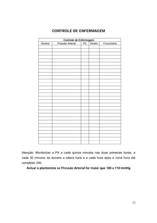 CONTROLE DE ENFERMAGEM

                              Controle de Enfermagem
             Horário     Pressão Arterial    FC Dextro   Funcionário




Atenção: Monitorizar a PA a cada quinze minutos nas duas primeiras horas, a
cada 30 minutos da terceira a oitava hora e a cada hora após a nona hora até
completar 24h.
   Avisar o plantonista se Pressão Arterial for maior que 180 x 110 mmHg




                                                                           13
 