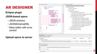 AR DESIGNER
18
Eclipse plugin
JSON-based specs
• JSON schema
• JSONSchemaDSL
• Xtext editor with error
control
Upload specs to server
 