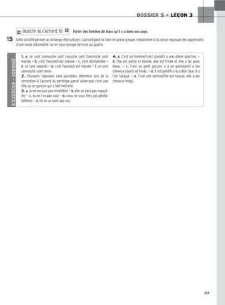 107
DOSSIER 5 – LEÇON 3
Parler des familles de stars qu’il y a dans son pays.
Cette activité permet un échange interculturel. L’activité peut se faire en grand groupe, notamment si la classe regroupe des apprenants
d’une seule nationalité, ou en sous-groupe de trois ou quatre.
2 OBJECTIF DE L’ACTIVITÉ 15 1
15
S’EXERCER
–
CORRIGÉ
1. a. se sont connus/se sont revus/se sont fiancés/se sont
mariés — b. s’est fiancée/s’est mariée — c. s’est déshabillée —
d. se sont séparés — e. s’est fiancée/s’est mariée — f. se sont
connus/se sont revus
2. Plusieurs réponses sont possibles. Attention lors de la
correction à l’accord du participe passé selon que c’est une
fille ou un garçon qui a fait l’activité.
3. a. je ne me suis pas réveillé(e) — b. elle ne s’est pas maquil-
lée — c. tu ne t’es pas rasé — d. vous ne vous êtes pas désha-
billé(e)s — e. ils ne se sont pas vus
4. a. C’est un homme/il est grand/il a une allure sportive. —
b. Elle est petite et blonde, elle est frisée et elle a les yeux
bleus. — c. C’est un petit garçon, il a un pantalon/il a les
cheveux courts et frisés. — d. Il est petit/Il a le crâne rasé. Il a
l’air fatigué. — e. C’est une actrice/Elle est rousse, elle a les
cheveux longs.
 