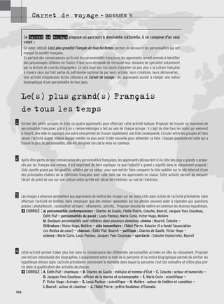 Carnet de voyage – DOSSIER 5
108
1
2
3
4
Ce Carnet de voyage propose un parcours à dominante culturelle, il se compose d’un seul
volet :
Ce volet, intitulé L
Le
e(
(s
s)
) p
pl
lu
us
s g
gr
ra
an
nd
d(
(s
s)
) F
Fr
ra
an
nç
ça
ai
is
s d
de
e t
to
ou
us
s l
le
es
s t
te
em
mp
ps
s, permet de découvrir les personnalités qui ont
marqué la société française.
En partant des connaissances qu’ils ont des personnalités françaises, les apprenants seront amenés à identifier
des personnages célèbres en France. Il leur sera demandé de retrouver leur domaine de spécialité notamment
par la lecture de courtes biographies. Ce sera pour eux l’occasion d’accéder un peu plus à la culture française
à travers ceux qui font partie du patrimoine national de par leurs actions, leurs créations, leurs découvertes...
Une activité d’expression écrite clôturera ce C
Ca
ar
rn
ne
et
t d
de
e v
vo
oy
ya
ag
ge
e : les apprenants auront à rédiger une notice
biographique d’une personnalité de leur pays.
Le(s) plus grand(s) Français
de tous les temps
Former des petits groupes de trois ou quatre apprenants pour effectuer cette activité ludique. Proposer de trouver un maximum de
personnalités françaises grâce à un « remue-méninges » fait au sein de chaque groupe : il s’agit de dire tous les noms qui viennent
à l’esprit, une idée en appelant une autre cela permet de trouver rapidement une liste conséquente. Circuler entre les groupes et faire
cesser l’activité quand chaque équipe semble ne plus avoir d’idée nouvelle pour alimenter sa liste. L’équipe gagnante est celle qui a
trouvé le plus de personnalités, elle est désignée lors de la mise en commun.
Après être partis de leur connaissance des personnalités françaises, les apprenants découvrent ici la liste des plus « grands » propo-
sée par les Français eux-mêmes. Il est important de faire expliquer ce que l’adjectif « grand » signifie dans le classement proposé :
Cela signifie grand par les qualités, célèbre par sa valeur, pour son mérite. Faire comparer la liste publiée sur le site Internet d’une
des principales chaînes de la télévision française avec celle faite par les apprenants en classe. Cette activité permet de mesurer
l’écart de point de vue sur une culture selon qu’elle est vécue de l’intérieur ou vue de l’extérieur.
Les images à observer permettent aux apprenants de mettre des visages sur les noms cités dans la liste de l’activité précédente. Faire
effectuer l’activité en binôme. Faire remarquer que des indices repérables sur les photos peuvent aider à répondre aux questions
posées : photo/dessin ; couleur/noir et blanc ; vêtements ; activité... Proposer ensuite de mettre en commun les diverses hypothèses.
2CORRIGÉ : a
a)
) personnalités contemporaines : Charles de Gaulle, l’Abbé Pierre, Coluche, Bourvil, Jacques Yves Cousteau,
Édith Piaf — personnalités du passé : Louis Pasteur, Marie Curie, Victor Hugo, Molière
b
b)
) Quelques personnalités sont célèbres dans plusieurs domaines. cinéma : Bourvil, Coluche —
littérature : Victor Hugo, Molière — aide humanitaire : l’Abbé Pierre, Coluche (il a fondé l’association
Les Restos du cœur) — chanson : Édith Piaf, Bourvil — politique : Charles de Gaulle, Victor Hugo —
science : Marie Curie, Louis Pasteur, Jacques Yves Cousteau — spectacle : Coluche (humoriste), Bourvil
Cette activité permet d’aller plus loin dans la connaissance des différentes personnalités arrivées en tête du classement. Proposer
une lecture individuelle des biographies. L’appariement entre le nom de la personne et sa notice biographique permet de vérifier les
hypothèses émises dans l’activité précédente concernant le domaine dans lequel la personne s’est fait connaître et d’être plus pré-
cis dans la qualification des activités de chacun.
2CORRIGÉ : A
A.
. Édith Piaf : chanteuse — B
B.
. Charles de Gaulle : militaire et homme d’État — C
C.
. Coluche : acteur et humoriste —
D
D.
. Jacques Yves Cousteau : officier de la marine et océanographe — E
E.
. Marie Curie : scientifique —
F
F.
. Victor Hugo : écrivain — G
G.
. Louis Pasteur : scientifique — H
H.
. Molière : auteur de théâtre et comédien —
I
I.
. Bourvil : acteur et chanteur — J
J.
. l’Abbé Pierre : prêtre fondateur d’Emmaüs
 