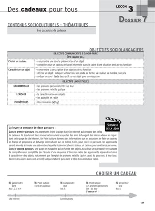 LEÇON
3
137
Des cadeaux pour tous
La leçon se compose de deux parcours :
Dans le premier parcours, les apprenants liront la page d’un site Internet qui propose des idées
de cadeaux. Ils écouteront deux conversations dans lesquelles des amis échangent des idées cadeaux en regar-
dant cette page de site Internet. Un Point culture donnera des informations sur les occasions de faire un cadeau
en France et proposera un échange interculturel sur ce thème. Enfin, pour clore ce parcours, les apprenants
seront amenés à simuler une scène dans laquelle ils devront choisir, à deux, un cadeau pour une tierce personne.
Dans le second parcours, une page de magazine qui présente des objets astucieux sera proposée en support
de compréhension, complétée par l’écoute d’une séquence d’émission radio. Les apprenants apprendront ainsi
à caractériser des objets, notamment par l’emploi de pronoms relatifs (qui et que). Ils pourront, à leur tour,
décrire des objets dans une activité ludique d’abord, puis dans le rôle d’un animateur radio.
SCÉNARIO
DE LA LEÇON
DOSSIER 7
DOSSIER 7
Les (nouveaux) animaux de compagnie, les animaux préférés des Français.
CONTENUS SOCIOCULTURELS – THÉMATIQUES
Les occasions de cadeaux
OBJECTIFS COMMUNICATIFS  SAVOIR-FAIRE
Être capable de…
Choisir un cadeau — comprendre une courte présentation d’un objet
— conseiller pour un cadeau de façon informelle dans le cadre d’une situation amicale ou familiale
Caractériser un objet — comprendre la description d’un objet ou de sa fonction
— décrire un objet : indiquer sa fonction, son poids, sa forme, sa couleur, sa matière, son prix
— rédiger un court texte descriptif sur un objet pour un magazine
OBJECTIFS LINGUISTIQUES
GRAMMATICAUX — les pronoms personnels COI : lui, leur
— les pronoms relatifs qui/que
LEXICAUX — la caractérisation des objets
— les adjectifs en -able
PHONÉTIQUES — Discrimination [k]/[]
OBJECTIFS SOCIOLANGAGIERS

 Comprendre 
 Point culture 
 Comprendre 
 Point langue 
 S’exprimer
Écrit Faire des cadeaux Oral Les pronoms personnels Oral
Act. 1, 2, 3 et 4 Act. 5 COI : lui, leur Act. 6
S’exercer no 1
Site Internet Conversations
CHOISIR UN CADEAU
 