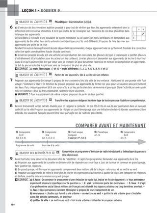 164
LEÇON 1 – DOSSIER 9
Phonétique : Discrimination [e]/[ε].
a) L’exercice de discrimination auditive proposé a pour but de vérifier que tous les apprenants entendent bien la
différence entre ces deux phonèmes. Il n’est pas inutile de se renseigner sur l’existence de ces deux phonèmes dans
la langue des apprenants.
On procédera à l’écoute d’une douzaine de paires minimales ou de paires de mots identiques en demandant aux
apprenants de dire si les deux mots entendus sont identiques ou s’ils sont différents. Proposer de faire dessiner aux
apprenants une grille de ce type :
Pendant l’écoute de l’enregistrement (écoute séquentielle recommandée), chaque apprenant note ce qu’il entend. Procéder à la correction
collective après une deuxième écoute (écoute continue).
b) L’exercice proposé ensuite est une activité de reproduction des sons dans des phrases de type « virelangues » (petites phrases
d’entraînement à l’articulation pour les acteurs et les conteurs). Lire les phrases et demander aux apprenants de les lire à leur tour
jusqu’à ce qu’ils puissent les dire par cœur sans se tromper. On peut dynamiser l’exercice en mettant en compétition les apprenants.
Le but du jeu sera de dire les phrases sans se tromper et de plus en plus vite.
2CORRIGÉ : a) mots identiques : 7 et 10 — mots différents : 1, 2, 3, 4, 5, 6, 8, 9, 11 et 12
Parler de ses souvenirs, liés à la ville de son enfance.
Proposer aux apprenants d’échanger à propos de leurs souvenirs liés à la ville de leur enfance : Habitaient-ils une grande ville ? un
village ? Comment c’était ? En fonction du groupe, proposer aux apprenants de fermer les yeux pour se souvenir plus précisément
des lieux. Puis, chaque apprenant dit à son voisin s’il y a un lieu particulier dans sa mémoire et pourquoi. Clore l’activité par une rapide
mise en commun : deux ou trois volontaires racontent leurs souvenirs.
z VARIANTE : Pour les apprenants de même origine, proposer de parler de leur quartier.
Transférer les acquis en rédigeant le même type de texte que ceux étudiés en compréhension.
Revenir brièvement sur les extraits étudiés pour en rappeler le contexte : Ils ont été écrits en vue de leur publication dans un ouvrage
collectif sur la ville. Proposer aux apprenants de rédiger un court témoignage pour une initiative similaire à Paroles vanvéennes. Bien
entendu, les souvenirs évoqués peuvent être ceux partagés lors de l’activité précédente.
COMPARER AVANT ET MAINTENANT
Comprendre un programme d’émission de radio introduisant la thématique du parcours
(les néoruraux).
Avant l’activité, faire observer le document afin de l’identifier : il s’agit d’un programme. Demander aux apprenants de le lire.
a) Proposer aux apprenants de travailler en binôme afin de répondre au « vrai-faux ». Lors de la mise en commun en grand groupe,
faire justifier les réponses.
b) En grand groupe, vérifier que les apprenants comprennent deux notions clé de la leçon : néoruraux et se mettre au vert.
c) Proposer aux apprenants de relire le texte afin de relever les expressions équivalentes à quitter la ville. Faire comparer les réponses
en binôme, avant la mise en commun en grand groupe.
2CORRIGÉ : a) 1. faux : On annonce le programme d’une émission de radio (cf. indice en fin de document : « Vous entendrez
également plusieurs reportages sur la question ». — 2. vrai : L’émission parle des néoruraux. — 3. faux : Il s’agit
d’un phénomène social (deux millions de Français ont déserté les espaces urbains ces cinq dernières années). —
4. faux : Deux personnes viennent témoigner à propos de leur changement de vie.
b) néoruraux = citadins qui fuient la vie urbaine — se mettre au vert = quitter la vie urbaine pour s’installer
dans des petites communes, en province
c) quitter la ville = se mettre au vert = fuir la vie urbaine = déserter les espaces urbains
2 OBJECTIF DES ACTIVITÉS 9 ET 10 1
2 OBJECTIF DE L’ACTIVITÉ 8 1
2 OBJECTIF DE L’ACTIVITÉ 7 1
2 OBJECTIF DE L’ACTIVITÉ 6 1
⫽ ⫽
1. ✓
2…
6
7
8
9

 Comprendre 
 Comprendre 
 Point langue 
 Phonétique 
 Comprendre
Écrit Oral Comparer Act. 14 Écrit
Act. 9 et 10 Act. 11, 12 et 13 S’exercer nos 2 et 3 Act. 15
Programme de radio Interview à la radio
 