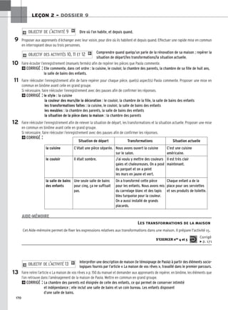 170
LEÇON 2 – DOSSIER 9
Dire où l’on habite, et depuis quand.
Proposer aux apprenants d’échanger avec leur voisin, pour dire où ils habitent et depuis quand. Effectuer une rapide mise en commun
en interrogeant deux ou trois personnes.
Comprendre quand quelqu’un parle de la rénovation de sa maison ; repérer la
situation de départ/les transformations/la situation actuelle.
Faire écouter l’enregistrement (manuels fermés) afin de repérer les pièces que Paola commente.
2CORRIGÉ : Elle commente, dans cet ordre : la cuisine, le couloir, la chambre des parents, la chambre de sa fille de huit ans,
la salle de bains des enfants.
Faire réécouter l’enregistrement afin de faire repérer pour chaque pièce, quel(s) aspect(s) Paola commente. Proposer une mise en
commun en binôme avant celle en grand groupe.
Si nécessaire, faire réécouter l’enregistrement avec des pauses afin de confirmer les réponses.
2CORRIGÉ : le style : la cuisine
la couleur des murs/de la décoration : le couloir, la chambre de la fille, la salle de bains des enfants
les transformations faites : la cuisine, le couloir, la salle de bains des enfants
les meubles : la chambre des parents, la salle de bains des enfants
la situation de la pièce dans la maison : la chambre des parents
Faire réécouter l’enregistrement afin de relever la situation de départ, les transformations et la situation actuelle. Proposer une mise
en commun en binôme avant celle en grand groupe.
Si nécessaire, faire réécouter l’enregistrement avec des pauses afin de confirmer les réponses.
2CORRIGÉ :
2 OBJECTIF DES ACTIVITÉS 10, 11 ET 12 1
2 OBJECTIF DE L’ACTIVITÉ 9 1
9
10
11
12
13
Situation de départ Transformations Situation actuelle
la cuisine C’était une pièce séparée. Nous avons ouvert la cuisine
sur le salon.
C’est une cuisine
américaine.
le couloir Il était sombre. J’ai voulu y mettre des couleurs
gaies et chaleureuses. On a posé
du parquet et on a peint
les murs en jaune et vert.
Il est très clair
maintenant.
la salle de bains
des enfants
Une seule salle de bains
pour cinq, ça ne suffisait
pas.
On a transformé cette pièce
pour les enfants. Nous avons mis
du carrelage blanc et des tapis
bleu turquoise pour la couleur.
On a aussi installé de grands
placards.
Chaque enfant a de la
place pour ses serviettes
et ses produits de toilette.
Les transformations de la maison
Cet Aide-mémoire permet de fixer les expressions relatives aux transformations dans une maison. Il prépare l’activité 15.
S’EXERCER nos 4 et 5
Corrigé
x p. 171
AIDE-MÉMOIRE
Interpréter une description de maison (le témoignage de Paola) à partir des éléments socio-
logiques fournis par l’article « La maison de vos rêves », travaillé dans le premier parcours.
Faire relire l’article « La maison de vos rêves » p. 150 du manuel et demander aux apprenants de repérer, en binôme, les éléments que
l’on retrouve dans l’aménagement de la maison de Paola. Mettre en commun en grand groupe.
2CORRIGÉ : La chambre des parents est éloignée de celle des enfants, ce qui permet de conserver intimité
et indépendance ; elle inclut une salle de bains et un coin bureau. Les enfants disposent
d’une salle de bains.
2 OBJECTIF DE L’ACTIVITÉ 13 1
 