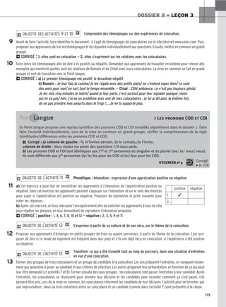 175
DOSSIER 9 – LEÇON 3
Comprendre des témoignages sur des expériences de colocation.
Avant de faire l’activité, faire identifier le document : il s’agit de témoignages de colocataires sur le site Internet www.coloc.com. Puis,
proposer aux apprenants de lire les témoignages et de répondre individuellement aux questions. Ensuite, mettre en commun en grand
groupe.
2CORRIGÉ : 1. elles sont en colocation — 2. elles s’expriment sur les relations avec les colocataires.
Faire relire les témoignages afin de dire s’ils positifs ou négatifs. Demander aux apprenants de travailler en binôme pour relever des
exemples qui montrent quelles sont les relations de Romain et de Chloé avec leurs colocataires. La mise en commun se fait en grand
groupe et sert de transition vers le Point langue.
2CORRIGÉ : a) Le premier témoignage est positif, le deuxième négatif.
b) Romain : Je leur fais la cuisine/ je les régale avec des petits plats/ on s’entend super bien/ ce sont
des amis pour moi/ on sort tout le temps ensemble. — Chloé : Côté ambiance, ce n’est pas toujours génial.
Je les vois cinq minutes le matin/ quand je leur parle, c’est surtout pour leur signaler quelque chose
qui ne va pas/ hier, j’ai eu un problème avec une de mes colocataires : je lui ai dit pour la énième fois
de ne pas prendre mes yaourts dans le frigo !… Je ne la supporte plus.
2 OBJECTIF DES ACTIVITÉS 9 ET 10 1
9
10
11
12
13
Point Langue  Les pronoms COD et COI
Ce Point langue propose une reprise/synthèse des pronoms COD et COI travaillés séparément dans le dossier 7. Faire
faire l’activité individuellement. Lors de la mise en commun en grand groupe, vérifier la compréhension de la règle
(similitudes/différences entre les pronoms COD et COI).
2 Corrigé : a) colonne de gauche : Tu m’invites demain./Je le connais./Je l’invite.
colonne de droite : Vous voulez me poser des questions ?/Il nous parle.
b) Les pronoms COD et COI sont identiques aux 1res et 2es personnes du singulier et du pluriel (me/ te/ nous/ vous).
Ils sont différents aux 3es personnes (le/ la/ les pour les COD et lui/ leur pour les COI).
S’EXERCER no 3 Corrigé
x p. 176
Phonétique : Intonation : expression d’une appréciation positive ou négative.
a) Cet exercice a pour but de sensibiliser les apprenants à l’intonation de l’appréciation positive ou
négative. Dans cet exercice, les apprenants peuvent s’appuyer sur l’intonation et sur le sens des énoncés
pour juger si l’appréciation est positive ou négative. Proposer de reproduire la grille suivante pour
noter les réponses :
b) Après cet exercice, on fera réécouter l’enregistrement afin de solliciter les apprenants à tour de rôle
pour répéter les phrases, en leur demandant de reproduire l’intonation proposée.
2CORRIGÉ : positive : 1, 4, 6, 7, 8, 10 et 12 — négative : 2, 3, 5, 9 et 11
S’exprimer à partir de sa culture et de son vécu, sur le thème de la colocation.
Proposer aux apprenants d’échanger en petits groupes de trois ou quatre personnes, à partir du thème de la colocation. Leur pro-
poser de dire si ce mode de logement est fréquent dans leur pays et s’ils ont déjà vécu en colocation, si l’expérience a été positive
ou négative.
Transférer ce qui a été travaillé tout au long du parcours, dans une situation d’entretien
en vue d’une colocation.
Former des groupes de trois colocataires et un groupe de candidats à la colocation. Les uns préparent l’entretien, en songeant notam-
ment aux questions à poser au candidat et aux critères de sélection. Les autres préparent leur présentation, en fonction de ce qui peut
leur être demandé (cf. activités 7 et 8). Former ensuite des sous-groupes : les colocataires font passer l’entretien à leur candidat. Après
l’entretien, les colocataires se réunissent pour prendre leur décision et les candidats pour raconter comment ça s’est passé, s’ils
pensent être pris. Lors de la mise en commun, les colocataires informent les candidats de leur décision. L’activité peut se terminer par
une improvisation : deux ou trois entretiens entre un colocataire et un candidat (comme dans l’activité 7) sont présentés à la classe.
2 OBJECTIF DE L’ACTIVITÉ 13 1
2 OBJECTIF DE L’ACTIVITÉ 12 1
2 OBJECTIF DE L’ACTIVITÉ 11 1
positive négative
1. ✓
2…
 