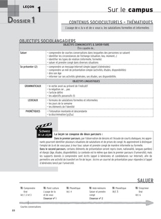 Sur le campus
LEÇON
1
DOSSIER 1
DOSSIER 1
La leçon se compose de deux parcours :
Dans le premier parcours, par l’observation de dessins et l’écoute de courts dialogues, les appre-
nants pourront identifier plusieurs situations de salutations et de prises de congé. Ils apprendront à distinguer
l’emploi de tu et de vous pour, à leur tour, saluer et prendre congé de manière informelle ou formelle.
Dans le second parcours, certains éléments de présentation seront repris (nom, nationalité, langues parlées)
et élargis (âge, études, disponibilités). Le contexte est le même que dans le premier parcours (l’université), mais
les supports donnés à comprendre sont écrits (appel à bénévoles et candidatures sur Internet), afin de
permettre une activité de transfert en fin de leçon : écrire un courriel de présentation pour répondre à l’appel
à bénévoles lancé par l’université.
22
Les (nouveaux) animaux de compagnie, les animaux préférés des Français.
CONTENUS SOCIOCULTURELS – THÉMATIQUES
L’usage de « tu » et de « vous », les salutations formelles et informelles
OBJECTIFS COMMUNICATIFS  SAVOIR-FAIRE
Être capable de…
Saluer — comprendre de courtes conversations dans lesquelles des personnes se saluent
— identifier les circonstances de l’échange (situation, lieu, moment…)
— identifier les types de relation (informelle, formelle)
— saluer et prendre congé dans diverses situations
Se présenter (2) — comprendre un message Internet simple (appel à bénévoles)
— comprendre un mél de présentation simple (activités, études, disponibilités)
— dire son âge
— informer sur ses activités générales, ses études, ses disponibilités
OBJECTIFS LINGUISTIQUES
GRAMMATICAUX — le verbe avoir au présent de l’indicatif
— la négation ne ... pas
— l’article défini
— les adjectifs possessifs (1)
LEXICAUX — formules de salutations formelles et informelles
— les jours de la semaine
— les éléments de l’identité
PHONÉTIQUES — l’intonation montante et descendante
— la discrimination [y]/[u]
OBJECTIFS SOCIOLANGAGIERS
SALUER

 Comprendre 
 Point culture 
 Phonétique 
 Aide-mémoire 
 Phonétique 
 S’exprimer
Oral L’usage de tu Act. 4 Saluer et prendre Act. 5 Oral
Act. 1, 2 et 3 et de vous congé Act. 6
S’exercer n° 1 S’exercer n° 2
Courtes conversations
SCÉNARIO
DE LA LEÇON
 