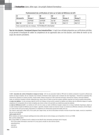 194
L’évaluation dans Alter ego : Un projet d’abord formateur
Positionnement des certifications et tests sur le Cadre de Référence de ALTE
Tous les trois dossiers, l’enseignant dispose d’une évaluation/bilan : il s’agit d’une véritable préparation aux certifications précitées,
ce qui permet à l’enseignant de valider les compétences de ses apprenants dans ces trois dossiers, voire même de revenir sur les
acquis des dossiers précédents.
1. ALTE : Association des centres d’évaluation en langues en Europe : ALTE est une association fondée en 1992 dont les membres produisent et assurent la diffusion des
examens de langue européens. Elle est composée d’une trentaine d’institutions toutes expertes dans le domaine des tests linguistiques : l’Université de Cambridge ESOL,
l’Université de Salamanca et l’Institut Cervantes, l’Institut Goethe, l’Alliance Française et le CIEP, l’Université de Perugia, l’Université de Lisbonne, l’Université d’Athènes…
Toutes ces institutions travaillent en étroite collaboration pour classer, décrire et mettre au point des examens standards respectant une charte de qualité professionnelle.
La valeur des diplômes : L’un des principaux objectifs de ALTE est d’indiquer de façon précise comment les diplômes sont obtenus dans les différentes langues et à quelles
compétences ils correspondent afin de rendre les diplômes plus faciles à utiliser et de permettre une mobilité plus grande des diplômés.
Le Cadre de Référence de ALTE : Les membres de ALTE ont mis en place un Cadre de Référence Européen composé de six niveaux d’aptitudes linguistiques, alignés sur
Le Cadre Commun Européen de Référence pour les langues : apprendre, enseigner, évaluer du Conseil de l’Europe. Les examens des différentes institutions ont été intégrés 
à ce cadre de telle sorte que des degrés d’équivalence en compétences de communication puissent être établis entre eux.
Pour rendre le cadre facile à utiliser, ALTE a mis au point, pour chaque niveau, une série de descripteurs formulés en termes de savoir-faire simples, concrets et compréhensi-
bles par les non spécialistes.
Autres projets de ALTE :
2 Dix membres ont réalisé le Glossaire multilingue des termes utilisés dans les tests de langue, qui est disponible en livre et sur CD ROM.
2 Le portfolio EAQUALS/ALTE
2 Le groupe KOBALT (six membres de ALTE) a élaboré les tests BULATS (tests informatisés plurilingues dont le français).
Pour de plus amples informations concernant le FLE vous pouvez consulter les sites internet suivants :
www.alliancefr.org
www.ciep.fr
www.alte.org
A1
Découverte
A2
Niveau 1
B1
Niveau 2
B2
Niveau 3
C1
Niveau 4
C2
Niveau 5
CEFP1/A2 CEFP2/B1 DL/ B2 DSLCF/C1 DHEF/C2
DELF A1 DELF A2 DELF B1 DELF B2 DALF C1 DALF C2
Tests couvrant tous les niveaux : TCF/TEF/BULATS informatisé
 