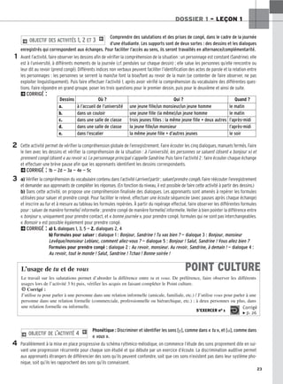 23
DOSSIER 1 – LEÇON 1
Comprendre des salutations et des prises de congé, dans le cadre de la journée
d’une étudiante. Les supports sont de deux sortes : des dessins et les dialogues
enregistrés qui correspondent aux échanges. Pour faciliter l’accès au sens, ils seront travaillés en alternance/complémentarité.
Avant l’activité, faire observer les dessins afin de vérifier la compréhension de la situation : un personnage est constant (Sandrine), elle
est à l’université, à différents moments de la journée (cf. pendules sur chaque dessin) ; elle salue les personnes qu’elle rencontre ou
leur dit au revoir (prend congé). Différents indices non verbaux peuvent faciliter l’identification des actes de parole et la relation entre
les personnages : les personnes se serrent la main/se font la bise/font au revoir de la main (se contenter de faire observer, ne pas
exploiter linguistiquement). Puis faire effectuer l’activité 1, après avoir vérifié la compréhension du vocabulaire des différentes ques-
tions. Faire répondre en grand groupe, poser les trois questions pour le premier dessin, puis pour le deuxième et ainsi de suite.
2CORRIGÉ :
Cette activité permet de vérifier la compréhension globale de l’enregistrement. Faire écouter les cinq dialogues, manuels fermés. Faire
le lien avec les dessins et vérifier la compréhension de la situation : à l’université, les personnes se saluent (disent « bonjour ») et
prennent congé (disent « au revoir »). Le personnage principal s’appelle Sandrine. Puis faire l’activité 2 : faire écouter chaque échange
et effectuer une brève pause afin que les apprenants identifient les dessins correspondants.
2CORRIGÉ : 1b — 2d — 3a — 4e — 5c
a) Vérifier la compréhension du vocabulaire contenu dans l’activité (arriver/partir ; saluer/prendre congé). Faire réécouter l’enregistrement
et demander aux apprenants de compléter les réponses. (En fonction du niveau, il est possible de faire cette activité à partir des dessins.)
b) Dans cette activité, on propose une compréhension finalisée des dialogues. Les apprenants sont amenés à repérer les formules
utilisées pour saluer et prendre congé. Pour faciliter le relevé, effectuer une écoute séquencée (avec pauses après chaque échange)
et inscrire au fur et à mesure au tableau les formules repérées. À partir du repérage effectué, faire observer les différentes formules
pour : saluer de manière formelle/ informelle ; prendre congé de manière formelle/ informelle. Veiller à bien pointer la différence entre
« bonjour », uniquement pour prendre contact, et « bonne journée », pour prendre congé, formules qui ne sont pas interchangeables.
« Bonsoir » est possible également pour prendre congé.
2CORRIGÉ : a) 1. dialogues 1, 3, 5 — 2. dialogues 2, 4
b) Formules pour saluer : dialogue 1 : Bonjour, Sandrine ! Tu vas bien ? — dialogue 3 : Bonjour, monsieur
Levêque/monsieur Leblanc, comment allez-vous ? — dialogue 5 : Bonjour ! Salut, Sandrine ! Vous allez bien ?
Formules pour prendre congé : dialogue 2 : Au revoir, monsieur. Au revoir, Sandrine, à demain ! — dialogue 4 :
Au revoir, tout le monde ! Salut, Sandrine ! Tchao ! Bonne soirée !
2 OBJECTIF DES ACTIVITÉS 1, 2 ET 3 1
Phonétique : Discriminer et identifier les sons [y], comme dans « tu », et [u], comme dans
« vous ».
Parallèlement à la mise en place progressive du schéma rythmico-mélodique, on commence l’étude des sons proprement dite en sui-
vant une progression récurrente pour chaque son étudié et qui débute par un exercice d’écoute. La discrimination auditive permet
aux apprenants étrangers de différencier des sons qu’ils peuvent confondre, soit que ces sons n’existent pas dans leur système pho-
nique, soit qu’ils les rapprochent des sons qu’ils connaissent.
2 OBJECTIF DE L’ACTIVITÉ 4 1
1
2
3
4
Dessins Où ? Qui ? Quand ?
a. à l’accueil de l’université une jeune fille/un monsieur/un jeune homme le matin
b. dans un couloir une jeune fille (la même)/un jeune homme le matin
c. dans une salle de classe trois jeunes filles : la même jeune fille + deux autres l’après-midi
d. dans une salle de classe la jeune fille/un monsieur l’après-midi
e. dans l’escalier la même jeune fille + d’autres jeunes le soir
POINT CULTURE
L’usage de tu et de vous
Le travail sur les salutations permet d’aborder la différence entre tu et vous. De préférence, faire observer les différents
usages lors de l’activité 3 b) puis, vérifier les acquis en faisant compléter le Point culture.
HCorrigé :
J’utilise tu pour parler à une personne dans une relation informelle (amicale, familiale, etc.) / J’utilise vous pour parler à une
personne dans une relation formelle (commerciale, professionnelle ou hiérarchique, etc.) ; à deux personnes ou plus, dans
une relation formelle ou informelle.
S’EXERCER no 1
Corrigé
x p. 26
 