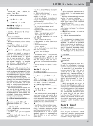 251
6
1. son — 2. leurs — 3. leur — 4. ses — 5. sa —
6. leurs — 7. son — 8. ses
Du côté de la communication
7
1. c — 2. b — 3. a — 4. a — 5. b
8
1. d — 2. c — 3. a — 4. f — 5. e — 6. b
Dossier 5 — Leçon 2
Du côté du lexique
1
1. séparation — 2. naissance — 3. mariage —
4. divorce — 5. décès
2
1. Nicolas va se remarier.
2. Les parents de Sophie ont divorcé l’an
dernier.
3. Mon frère se marie avec Élodie la semaine
prochaine.
4. Le grand-père de Marie est mort hier.
5. Erwan est né à la maternité de Brest.
3
1. demi-frère — 2. demi-sœur — 3. beau-père
4
1. Guillaume vient de partir en vacances ce
matin. — 2. Anaïs et Clément viennent de se
marier la semaine dernière. — 3. Bastien
vient de trouver un travail hier. — 4. Nous
venons de choisir un prénom pour notre
bébé : Miléna ! — 5. Il est 17 h 05, la banque
vient de fermer. — 6. 23 décembre, ouf ! On
vient de terminer les achats de Noël !
5
1. M. Duchemin vient de se marier, vient d’avoir
une promotion au travail, vient de gagner le
premier lot au loto et vient d’apprendre qu’il va
avoir un bébé. M. et Mme Duchemin vont ache-
ter un appartement plus grand, vont changer
de voiture et vont voyager à l’étranger.
2. M. Futile vient de divorcer pour la troi-
sième fois, vient de vendre la grande maison
et vient d’emménager dans un appartement
plus petit. Il va rechercher une nouvelle
femme, va voyager autour du monde et va
acheter une nouvelle maison.
3. Mlle Dufresne vient d’inviter un ami au bord
de la mer, elle vient de rencontrer de nou-
veaux amis et elle vient d’avoir de bons résul-
tats aux examens. Elle va faire une fête avec
les étudiants et elle va passer un week-end à
la mer avec ses nouveaux amis.
Du côté de la communication
6
La personne qui appelle : 1, 5, 6, 8, 11
La personne qui répond : 2, 3, 4, 7, 9, 10, 12
7
1. — Allô ! C’est Alex ?
— Ah non ! C’est Mathieu. Alex vient de sortir.
C’est de la part de qui ?
— C’est Nadia. Est-ce que Alex va bientôt
rentrer ?
— À la fin de l’après-midi, je pense. Tu veux
laisser un message ?
— Oui. Dis que j’ai appelé et que je vais rappeler
ce soir.
2. — Cabinet médical, bonjour !
— Bonjour, je voudrais parler au Docteur
Lamartin, s’il vous plaît.
— Ah ! Je suis désolée, le Docteur Lamartin
n’est pas là aujourd’hui. Vous voulez parler à
un autre médecin ?
— Oui, je peux parler aussi au Dr Aubry s’il est
là.
— Oui, il est là. C’est de la part de qui ?
— Madame Ledoux
— Ne quittez pas, Mme Ledoux, je vous le passe.
3. — Allô ! Elsa ?
— Pardon ? Vous appelez quel numéro ?
— Je ne suis pas au 01 45 67 08 10 ?
— Ah non, vous faites erreur ! Ici, c’est le
01 45 67 09 10.
— Ah ! Je suis désolé. Au revoir !
4. — Allô ! Bonjour, est-ce que je peux parler
à Lucille ?
— Un instant s’il vous plaît !
— D’accord, j’attends.
— Elle est sous la douche, vous pouvez la rap-
peler dans dix minutes.
— D’accord, dans dix minutes.
8
1. la moitié des élèves — 2. dix pour cent/
un dixième des élèves. — 3. un élève sur qua-
tre/un quart des élèves — 4. trente-trois pour
cent des élèves/un élève sur trois —
5. vingt pour cent/un cinquième des élèves
9
1. faux — 2. faux — 3. vrai — 4. faux — 5. vrai —
6. faux
Dossier 5 — Leçon 3
Du côté du lexique
1
1. e, i, m, q — 2. f, j, n, r — 3. c, k, s — 4. p
2
naître ➞ la naissance — retourner ➞ le
retour — rencontrer ➞ la rencontre — partir
➞ le départ — s’inscrire ➞ l’inscription
Du côté de la grammaire
3
1. est — 2. a — 3. sont — 4. est — 5. ont —
6. est — 7. est — 8. est
4
1. ils se sont rencontrés, ils se sont mariés, ils
se sont séparés, ils se sont remariés — 2. on
s’est connus, on s’est aimés, on ne s’est plus
quittés—3.nousnoussommesretrouvées,nous
ne nous sommes pas vues, nous nous sommes
regardées, nous nous sommes reconnues
5
1. Lola Alfonsi et Stefano n’ont pas rompu. —
2. Éva et Christian de France n’ont pas
divorcé. — 3. Jennifer et Ben Jonhson n’ont pas
passé leurs vacances ensemble. — 4. Arthur
et Carine Brunelle ne se sont pas séparés
pendant le tournage. — 5. Diane d’Anvers et
Étienne de Gilles ne se sont pas fiancés
comme prévu.
6
1. C’est un garçon très sympathique, il est
grand et sportif : c’est mon joueur de tennis
préféré !
2. Il est petit et timide, mais il est très intel-
ligent, et c’est un grand scientifique.
3. C’est une femme indépendante. Elle est
blonde, mince et assez grande et c’est une
collègue très appréciée !
4. C’est un jeune prince et elle est céliba-
taire.
5. Il est acteur, il est beau et c’est un homme
très généreux.
6. Elle est brune et mince et c’est la sœur de
ma meilleure amie.
Du côté de la communication
7
1. Elle a une allure sportive, elle a les cheveux
frisés et blonds. — 2. Ce sont trois hommes.
Le premier a les yeux noirs, des moustaches
et les cheveux courts. Le deuxième a les
cheveux noirs, des lunettes et il a l’air intel-
ligent. Le troisième est jeune, il a les cheveux
blonds. — 3. Elle est blonde, les cheveux fri-
sés. — 4. Il est gros avec des cheveux blancs.
En situation
9
1. Zinedine Zidane
2. Laetitia Casta
10
1. Zinedine Zidane est né le 23 juin 1972 à
Marseille. C’est un footballeur. Il a commencé
sa carrière professionnelle à 16 ans. En 1991
il est entré dans le club des Girondins de
Bordeaux, puis en 1996 il a joué pour la
Juventus de Turin. En 1998, il a gagné avec
l’équipe de France le Mondial de football. En
2002, son troisième enfant est né et il a
décidé d’abandonner l’équipe de France
après la défaite de celle-ci en Corée. En
2005, il décide de revenir en équipe de
France.
2. Laetitia Casta est née le 11 mai 1978 en
Normandie. Elle est d’origine corse. Elle a été
mannequin, puis maintenant elle est actrice.
En 1993, elle a débuté sa carrière de manne-
quin, elle a défilé pour les plus grands noms
de la couture. En 1998, elle a fait ses débuts
au cinéma dans un film avec Gérard
Depardieu et, en 1999, elle a obtenu le pre-
mier rôle dans un téléfilm. En 2001 est née sa
fille et Laetitia Casta continue sa carrière de
comédienne. En 2004, elle a fait ses débuts
au cinéma.
Dossier 6 — Leçon 1
Du côté du lexique
1
la vue, les yeux, regarder/voir — l’odorat,
le nez, sentir — le goût, la bouche/la langue,
sentir — l’ouïe, les oreilles, entendre/écouter —
le toucher, la main/les doigts, sentir
CORRIGÉS - C a h i e r d ’ a c t i v i t é s
CORRIGÉS - C a h i e r d ’ a c t i v i t é s
 