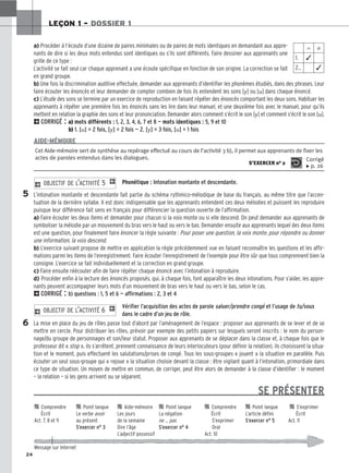 24
LEÇON 1 – DOSSIER 1
a) Procéder à l’écoute d’une dizaine de paires minimales ou de paires de mots identiques en demandant aux appre-
nants de dire si les deux mots entendus sont identiques ou s’ils sont différents. Faire dessiner aux apprenants une
grille de ce type :
L’activité se fait seul car chaque apprenant a une écoute spécifique en fonction de son origine. La correction se fait
en grand groupe.
b) Une fois la discrimination auditive effectuée, demander aux apprenants d’identifier les phonèmes étudiés, dans des phrases. Leur
faire écouter les énoncés et leur demander de compter combien de fois ils entendent les sons [y] ou [u] dans chaque énoncé.
c) L’étude des sons se termine par un exercice de reproduction en faisant répéter des énoncés comportant les deux sons. Habituer les
apprenants à répéter une première fois les énoncés sans les lire dans leur manuel, et une deuxième fois avec le manuel, pour qu’ils
mettent en relation la graphie des sons et leur prononciation. Demander alors comment s’écrit le son [y] et comment s’écrit le son [u].
2CORRIGÉ : a) mots différents : 1, 2, 3, 4, 6, 7 et 8 — mots identiques : 5, 9 et 10
b) 1. [u] = 2 fois, [y] = 2 fois — 2. [y] = 3 fois, [u] = 1 fois
Phonétique : Intonation montante et descendante.
L’intonation montante et descendante fait partie du schéma rythmico-mélodique de base du français, au même titre que l’accen-
tuation de la dernière syllabe. Il est donc indispensable que les apprenants entendent ces deux mélodies et puissent les reproduire
puisque leur différence fait sens en français pour différencier la question ouverte de l’affirmation.
a) Faire écouter les deux items et demander pour chacun si la voix monte ou si elle descend. On peut demander aux apprenants de
symboliser la mélodie par un mouvement du bras vers le haut ou vers le bas. Demander ensuite aux apprenants lequel des deux items
est une question, pour finalement faire énoncer la règle suivante : Pour poser une question, la voix monte, pour répondre ou donner
une information, la voix descend.
b) L’exercice suivant propose de mettre en application la règle précédemment vue en faisant reconnaître les questions et les affir-
mations parmi les items de l’enregistrement. Faire écouter l’enregistrement de l’exemple pour être sûr que tous comprennent bien la
consigne. L’exercice se fait individuellement et la correction en grand groupe.
c) Faire ensuite réécouter afin de faire répéter chaque énoncé avec l’intonation à reproduire.
d) Procéder enfin à la lecture des énoncés proposés, qui, à chaque fois, font apparaître les deux intonations. Pour s’aider, les appre-
nants peuvent accompagner leurs mots d’un mouvement de bras vers le haut ou vers le bas, selon le cas.
2CORRIGÉ : b) questions : 1, 5 et 6 — affirmations : 2, 3 et 4
Vérifier l’acquisition des actes de parole saluer/prendre congé et l’usage de tu/vous
dans le cadre d’un jeu de rôle.
La mise en place du jeu de rôles passe tout d’abord par l’aménagement de l’espace : proposer aux apprenants de se lever et de se
mettre en cercle. Pour distribuer les rôles, prévoir par exemple des petits papiers sur lesquels seront inscrits : le nom du person-
nage/du groupe de personnages et son/leur statut. Proposer aux apprenants de se déplacer dans la classe et, à chaque fois que le
professeur dit « stop », ils s’arrêtent, prennent connaissance de leurs interlocuteurs (pour définir la relation), ils choisissent la situa-
tion et le moment, puis effectuent les salutations/prises de congé. Tous les sous-groupes « jouent » la situation en parallèle. Puis
écouter un seul sous-groupe qui « rejoue » la situation choisie devant la classe : être vigilant quant à l’intonation, primordiale dans
ce type de situation. Un moyen de mettre en commun, de corriger, peut être alors de demander à la classe d’identifier : le moment
— la relation — si les gens arrivent ou se séparent.
2 OBJECTIF DE L’ACTIVITÉ 6 1
2 OBJECTIF DE L’ACTIVITÉ 5 1
5
6
Cet Aide-mémoire sert de synthèse au repérage effectué au cours de l’activité 3 b), il permet aux apprenants de fixer les
actes de paroles entendus dans les dialogues.
S’EXERCER no 2
Corrigé
x p. 26
AIDE-MÉMOIRE
SE PRÉSENTER

 Comprendre 
 Point langue 
 Aide-mémoire 
 Point langue 
 Comprendre 
 Point langue 
 S’exprimer
Écrit Le verbe avoir Les jours La négation Écrit L’article défini Écrit
Act. 7, 8 et 9 au présent de la semaine ne … pas S’exprimer S’exercer n° 5 Act. 11
S’exercer n° 3 Dire l’âge S’exercer n° 4 Oral
L’adjectif possessif Act. 10
Message sur Internet
⫽ ⫽
1. ✓
2… ✓
 