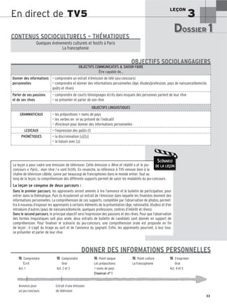 LEÇON
3
33
En direct de TV5
La leçon a pour cadre une émission de télévision. Cette émission « Rêve et réalité » et le jeu-
concours « Paris… mon rêve ! » sont fictifs. En revanche, la référence à TV5 renvoie bien à la
chaîne de télévision câblée, suivie par beaucoup de francophones dans le monde entier. Tout au
long de la leçon, la compréhension des différents supports permet de saisir les modalités du jeu-concours.
La leçon se compose de deux parcours :
Dans le premier parcours, les apprenants seront amenés à lire l’annonce et le bulletin de participation, pour
entrer dans la thématique. Puis ils écouteront un extrait de l’émission dans laquelle les finalistes donnent des
informations personnelles. La compréhension de ces supports, complétée par l’observation de photos, permet-
tra à nouveau d’exposer les apprenants à certains éléments de la présentation (âge, nationalité, études) et d’en
introduire d’autres (pays de naissance/domicile, quelques professions, centres d’intérêt et rêves).
Dans le second parcours, le principal objectif sera l’expression des passions et des rêves. Pour que l’observation
des formes linguistiques soit plus aisée, deux extraits de bulletin de candidats sont donnés en support de
compréhension. Pour finaliser le scénario du jeu-concours, une compréhension orale est proposée en fin
de leçon : il s’agit du tirage au sort et de l’annonce du gagnant. Enfin, les apprenants pourront, à leur tour,
se présenter et parler de leur rêve.
SCÉNARIO
DE LA LEÇON
DOSSIER 1
DOSSIER 1
Les (nouveaux) animaux de compagnie, les animaux préférés des Français.
Quelques événements culturels et festifs à Paris
La francophonie
CONTENUS SOCIOCULTURELS – THÉMATIQUES
OBJECTIFS COMMUNICATIFS  SAVOIR-FAIRE
Être capable de…
Donner des informations
personnelles
— comprendre un extrait d’émission de télé (jeu-concours)
— comprendre et donner des informations personnelles (âge, études/profession, pays de naissance/domicile,
goûts et rêves)
Parler de ses passions
et de ses rêves
— comprendre de courts témoignages écrits dans lesquels des personnes parlent de leur rêve
— se présenter et parler de son rêve
OBJECTIFS LINGUISTIQUES
GRAMMATICAUX — les prépositions + noms de pays
— les verbes en -er au présent de l’indicatif
— être/avoir pour donner des informations personnelles
LEXICAUX — l’expression des goûts (1)
PHONÉTIQUES — la discrimination [s]/[z]
— la liaison avec [z]
OBJECTIFS SOCIOLANGAGIERS

 Comprendre 
 Comprendre 
 Point langue 
 Point culture 
 S’exprimer
Écrit Oral Les prépositions La francophonie Oral
Act. 1 Act. 2 et 3 + noms de pays Act. 4 et 5
S’exercer n° 1
Annonce pour Extrait d’une émission
un jeu-concours de télévision
DONNER DES INFORMATIONS PERSONNELLES
 
