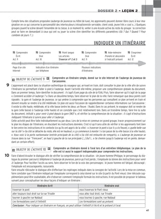 47
DOSSIER 2 – LEÇON 2
Compte tenu des situations proposées (auberge de jeunesse ou hôtel de luxe), les apprenants peuvent donner libre cours à leur ima-
gination en ce qui concerne la personnalité des interlocuteurs (réceptionniste serviable, client snob, jeune très « cool »…) Quelques
groupes jouent la scène devant l’ensemble de la classe, à ce moment-là, veiller à une écoute active du reste du groupe : la correction
peut se faire en demandant à ceux qui ont vu jouer la scène d’en identifier les différents paramètres (Où ? Qui ? Quand ? Pour
combien de jours ?...)
INDIQUER UN ITINÉRAIRE
Comprendre un itinéraire simple, donné sur le site Internet de l’auberge de jeunesse de
Carcassonne.
L’apprenant est placé dans la situation authentique du voyageur qui, arrivant en train, doit consulter le plan de la ville afin de suivre
l’itinéraire lui permettant d’aller à pied à l’auberge. Avant l’activité elle-même, proposer une compréhension globale du document.
Dans un premier temps, faire identifier le document : il s’agit d’une page du site de la FUAJ. Puis, faire observer qu’il s’agit de la page
« Comment accéder à l’auberge ? ». Dans un deuxième temps, faire observer le plan de la ville. Faire remarquer que deux points sont
signalés : la gare et l’auberge de jeunesse, ce qui amène à comprendre que les personnes qui consultent ce plan arrivent en train et
doivent ensuite se rendre à la cité médiévale. Ce plan est aussi l’occasion de rappeler/donner certaines informations sur Carcassonne :
il existe la ville haute, médiévale, et la ville basse (entre les deux, un fleuve : l’Aude). Dans le cas présent, le voyageur doit se rendre de
la gare (ville basse) à l’auberge (ville haute) et on constate que c’est relativement loin. Dans un troisième temps, faire lire la suite
du document, intitulé « pour venir à pied depuis la gare SNCF », et vérifier la compréhension de la situation : il s’agit d’instructions
indiquant l’itinéraire à suivre pour aller à l’auberge.
Cette activité peut être faite individuellement ou par deux. Lors de la mise en commun en grand groupe, tracer progressivement sur
le plan les étapes de l’itinéraire, en élucidant les instructions données. C’est ici qu’il sera utile de vérifier si les apprenants font bien
le lien entre les instructions et le contexte (ce qu’ils ont appris de la ville) : « traverser le pont » (car il y a le fleuve), « quelle belle vue
sur la cité ! » (la cité se détache du reste, elle est en hauteur), « ça commence à monter ! » (on passe de la ville basse à la ville haute),
« Vous voici à la porte narbonnaise (entrée principale de la cité) » (la cité est entourée de remparts), « L’auberge de jeunesse se
trouve dans la rue “Trencavel”, en haut à gauche de la rue principale […] Ouf !... » (le chemin jusqu’à l’auberge est en pente, deman-
dant un certain effort).
Comprendre un itinéraire donné à l’oral lors d’un entretien téléphonique. Le plan de la
ville est ici aussi le support indispensable pour comprendre les instructions.
Faire d’abord écouter le dialogue afin de vérifier la compréhension de la situation : Un jeune homme (Philippe, le personnage du dia-
logue du premier parcours) téléphone à l’auberge de jeunesse, parce qu’il est perdu ; l’employée lui donne des instructions pour venir
à l’auberge. Pour faciliter l’accès au sens, faire observer le ton de la voix des personnages : le jeune homme est fatigué, découragé ;
l’employée est encourageante, rassurante.
Faire ensuite réécouter le dialogue afin d’effectuer les repérages indiqués dans la consigne de l’activité. Lors de la mise en commun,
faire constater que l’itinéraire indiqué par l’employée correspond à celui donné sur le site (à partir du Pont vieux). Une réécoute sup-
plémentaire peut être souhaitable, afin d’observer comment l’employée formule les instructions. Il est possible de proposer le tableau
suivant pour conceptualiser les deux façons d’indiquer un itinéraire :
2 OBJECTIF DE L’ACTIVITÉ 10 1
2 OBJECTIF DE L’ACTIVITÉ 9 1
9
10

 Comprendre 
 Comprendre 
 Point langue 
 Comprendre 
 Aide-mémoire 
 S’exprimer
Écrit Oral Les articles Oral Prendre et descendre Écrit
Act. 9 Act. 10 S’exercer nos 2 et 3 Act. 11 à l’indicatif présent Act. 12
Page d’un site Indication d’un itinéraire Plusieurs indications
Internet par téléphone d’itinéraires
Itinéraire écrit Itinéraire oral
traverser le pont vous traversez le Pont vieux
aller toujours tout droit sur la rue Trivalle vous allez tout droit, rue Trivalle
tourner à gauche rue Nadaud vous tournez à gauche, rue Nadaud
Les formulations sont à l’infinitif. Les formulations sont au présent.
Conclusion : Pour indiquer un itinéraire en français, on peut utiliser l’infinitif à l’écrit et le présent à l’oral.
 