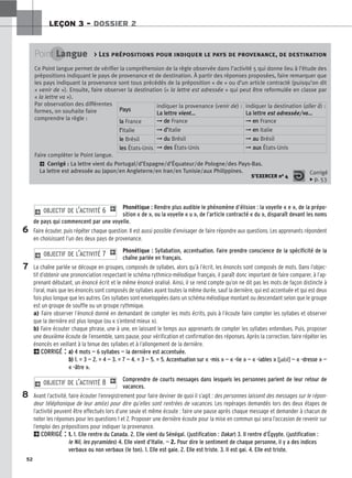 52
LEÇON 3 – DOSSIER 2
Phonétique : Rendre plus audible le phénomène d’élision : la voyelle « e », de la prépo-
sition « de », ou la voyelle « u », de l’article contracté « du », disparaît devant les noms
de pays qui commencent par une voyelle.
Faire écouter, puis répéter chaque question. Il est aussi possible d’envisager de faire répondre aux questions. Les apprenants répondent
en choisissant l’un des deux pays de provenance.
Phonétique : Syllabation, accentuation. Faire prendre conscience de la spécificité de la
chaîne parlée en français.
La chaîne parlée se découpe en groupes, composés de syllabes, alors qu’à l’écrit, les énoncés sont composés de mots. Dans l’objec-
tif d’obtenir une prononciation respectant le schéma rythmico-mélodique français, il paraît donc important de faire comparer, à l’ap-
prenant débutant, un énoncé écrit et le même énoncé oralisé. Ainsi, il se rend compte qu’on ne dit pas les mots de façon distincte à
l’oral, mais que les énoncés sont composés de syllabes ayant toutes la même durée, sauf la dernière, qui est accentuée et qui est deux
fois plus longue que les autres. Ces syllabes sont enveloppées dans un schéma mélodique montant ou descendant selon que le groupe
est un groupe de souffle ou un groupe rythmique.
a) Faire observer l’énoncé donné en demandant de compter les mots écrits, puis à l’écoute faire compter les syllabes et observer
que la dernière est plus longue (ou « s’entend mieux »).
b) Faire écouter chaque phrase, une à une, en laissant le temps aux apprenants de compter les syllabes entendues. Puis, proposer
une deuxième écoute de l’ensemble, sans pause, pour vérification et confirmation des réponses. Après la correction, faire répéter les
énoncés en veillant à la tenue des syllabes et à l’allongement de la dernière.
2CORRIGÉ : a
a)
) 4 mots — 6 syllabes — la dernière est accentuée.
b
b)
) 1. = 3 — 2. = 4 — 3. = 7 — 4. = 3 — 5. = 5. Accentuation sur « -mis » — « -lie » — « -iables » [jabl] — « -dresse » —
« -âtre ».
Comprendre de courts messages dans lesquels les personnes parlent de leur retour de
vacances.
Avant l’activité, faire écouter l’enregistrement pour faire deviner de quoi il s’agit : des personnes laissent des messages sur le répon-
deur téléphonique de leur ami(e) pour dire qu’elles sont rentrées de vacances. Les repérages demandés lors des deux étapes de
l’activité peuvent être effectués lors d’une seule et même écoute : faire une pause après chaque message et demander à chacun de
noter les réponses pour les questions 1 et 2. Proposer une dernière écoute pour la mise en commun qui sera l’occasion de revenir sur
l’emploi des prépositions pour indiquer la provenance.
2CORRIGÉ : 1. 1. Elle rentre du Canada. 2. Elle vient du Sénégal. (justification : Dakar) 3. Il rentre d’Égypte. (justification :
le Nil, les pyramides) 4. Elle vient d’Italie. — 2. Pour dire le sentiment de chaque personne, il y a des indices
verbaux ou non verbaux (le ton). 1. Elle est gaie. 2. Elle est triste. 3. Il est gai. 4. Elle est triste.
2 OBJECTIF DE L’ACTIVITÉ 8 1
2 OBJECTIF DE L’ACTIVITÉ 7 1
2 OBJECTIF DE L’ACTIVITÉ 6 1
Point Langue  Les prépositions pour indiquer le pays de provenance, de destination
Ce Point langue permet de vérifier la compréhension de la règle observée dans l’activité 5 qui donne lieu à l’étude des
prépositions indiquant le pays de provenance et de destination. À partir des réponses proposées, faire remarquer que
les pays indiquant la provenance sont tous précédés de la préposition « de » ou d’un article contracté (puisqu’on dit
« venir de »). Ensuite, faire observer la destination (« la lettre est adressée » qui peut être reformulée en classe par
« la lettre va »).
Par observation des différentes
formes, on souhaite faire
comprendre la règle :
Faire compléter le Point langue.
2 Corrigé : La lettre vient du Portugal/d’Espagne/d’Équateur/de Pologne/des Pays-Bas.
La lettre est adressée au Japon/en Angleterre/en Iran/en Tunisie/aux Philippines.
S’EXERCER no 4
Corrigé
x p. 53
6
7
8
P
Pa
ay
ys
s
indiquer la provenance (venir de) :
L
La
a l
le
et
tt
tr
re
e vient…
…
indiquer la destination (aller à) :
L
La
a l
le
et
tt
tr
re
e est adressée/va…
…
l
la
a France ➞ d
de
e France ➞ e
en
n France
l
l’
’Italie ➞ d
d’
’Italie ➞ e
en
n Italie
l
le
e Brésil ➞ d
du
u Brésil ➞ a
au
u Brésil
l
le
es
s États-Unis ➞ d
de
es
s États-Unis ➞ a
au
ux
x États-Unis
 