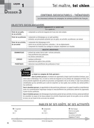 Tel maître, tel chien
LEÇON
1
DOSSIER 3
DOSSIER 3
Les (nouveaux) animaux de compagnie, les animaux préférés des Français.
Les (nouveaux) animaux de compagnie, les animaux préférés des Français
CONTENUS SOCIOCULTURELS – THÉMATIQUES
La leçon se compose de trois parcours :
Dans le premier parcours, on amènera les apprenants à réagir à partir de photos d’animaux, pour
entrer dans la thématique. Puis, ils liront un article de magazine sur les animaux de compagnie en France. Cet
article présente également des profils de personnes correspondant à tel ou tel animal. Il s’agit d’une première
sensibilisation qui leur permettra par la suite de s’exprimer sur leurs goûts, leurs activités, leur animal préféré,
leur profession.
Dans le deuxième parcours, on approfondira la découverte des professions. Le support travaillé en compréhension
orale et la systématisation linguistique (lexique et masculin/féminin des professions) aideront les apprenants
à parler de leur profession.
Dans le troisième parcours, des témoignages de personnes parlant de leurs activités et de leur animal permettront
de consolider les acquis et de mieux préparer les activités d’expression (parler de ses goûts, de ses activités
de loisir, de son travail et de sa vie avec son animal).
56
OBJECTIFS COMMUNICATIFS  SAVOIR-FAIRE
Être capable de…
Parler de ses goûts,
de ses activités
— comprendre un article de magazine écrit avec des mots simples
Parler de sa profession — comprendre un témoignage sur un sujet quotidien
— présenter une personne/se présenter par ses goûts, ses activités, sa profession, son animal
Parler de ses activités,
de son animal
— comprendre des témoignages écrits
— parler de ses activités (sportives, culturelles…), de ses déplacements
— comprendre les résultats d’un sondage et comparer simplement ces résultats
OBJECTIFS LINGUISTIQUES
GRAMMATICAUX — présent des verbes faire et aller + articles contractés
— masculin/féminin des professions
— les articles contractés (2)
LEXICAUX — quelques professions
— expression des goûts et des activités
PHONÉTIQUES — distinction masculin/féminin des professions à l’oral
OBJECTIFS SOCIOLANGAGIERS
PARLER DE SES GOÛTS, DE SES ACTIVITÉS

 S’ exprimer 
 Comprendre 
 Point langue
Oral Écrit Parler de ses goûts
Act. 1 Act. 2 et 3 S’exercer no 1
Les articles contractés
S’exercer nos 2 et 3
Photos d’animaux Article de magazine
SCÉNARIO
DE LA LEÇON
 
