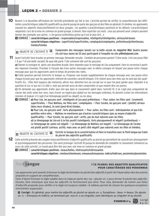 66
LEÇON 2 – DOSSIER 3
Revenir à la deuxième affirmation de l’activité précédente qui fait le lien. L’activité permet de vérifier la compréhension des diffé-
rentes caractéristiques (adjectifs qualificatifs au pluriel puisqu’on parle des garçons et des filles en général). En binôme, les apprenants
classent les adjectifs (masculin/féminin) en deux groupes : les qualités (caractéristiques positives) et les défauts (caractéristiques
négatives). Lors de la mise en commun en grand groupe, si besoin, faire expliciter ces mots : ceux qui pensent avoir compris peuvent
donner des exemples aux autres : « Un garçon prétentieux pense qu’il est le plus fort... »
2CORRIGÉ : caractéristiques positives : responsables/responsables, intelligents/intelligentes, sérieux/sérieuses
caractéristiques négatives : superficiels/superficielles, compliqués/compliquées, prétentieux/prétentieuses,
timides/timides
Comprendre des messages laissés sur la boîte vocale du m
ma
ag
ga
az
zi
in
ne
e W
We
eb
b. Quatre jeunes
(ils ont tous moins de 20 ans) participent à l’enquête du site p
pl
l@
@n
ne
et
te
ej
je
eu
un
ne
es
s..c
co
om
m.
Avant l’activité, faire écouter un premier message. Demander ensuite : Combien de personnes parlent ? (Une seule, c’est une jeune fille)
/ À qui ? (À une boîte vocale)/ De quoi elle parle ? (De comment elle voit les garçons).
a) Donner la consigne et, après une deuxième écoute, faire répondre pour le message de Léa uniquement. Faire la correction à partir
des réponses trouvées. Procéder à l’écoute des trois autres messages avec la même consigne en faisant une pause entre chaque
message pour que les apprenants aient le temps de prendre des notes.
b) Cette question permet d’enrichir le lexique vu. Proposer une écoute supplémentaire de chaque message avec une pause entre
chaque écoute pour que les apprenants relèvent de nouvelles caractéristiques. S’ils notent aussi des mots qui ne sont pas des quali-
ficatifs (Ex. : Elles font toujours des histoires), attirer leur attention lors du corrigé sur ce que l’on peut garder pour répondre à la
question et sur ce qui est « à côté », mais qui permet aussi de bien comprendre ce que veulent dire ces jeunes.
c) On demande aux apprenants d’aller plus loin que dans le classement opéré dans l’activité 10. Il ne s’agit plus uniquement de
classer des mots selon leur sens, mais d’avoir un regard plus global sur les messages entendus. Ils doivent croiser les informations
relevées et évaluer s’il s’agit d’un témoignage positif ou négatif, ou les deux.
2CORRIGÉ : a) Pour Léa, les garçons sont : intelligents et [un peu] prétentieux. — Pour Julien, les filles sont : [vraiment]
superficielles. — Pour Mathieu, les filles sont : compliquées. — Pour Coralie, les garçons sont : [plutôt] sérieux
[dans leurs études], ils sont [peut-être] timides.
b) Pour Léa, les garçons sont : forts physiquement. — Pour Julien, les filles sont : individualistes et pas très
gentilles entre elles. — Mathieu ne mentionne pas d’autres caractéristiques (pas au moyen d’adjectifs
qualificatifs). — Pour Coralie, les garçons sont : actifs, pas du tout naturels avec les filles.
c) Le témoignage de Léa est à la fois positif (intelligents, forts physiquement) et négatif (prétentieux)
). —
Le témoignage de Julien est négatif. — Le témoignage de Mathieu est négatif. — Le témoignage de Coralie
est plutôt positif (sérieux, actifs), mais avec un petit côté négatif (pas naturels avec les filles et timides).
Enrichir le lexique de la caractérisation et faire la transition avec le Point langue qui traite
du pluriel des adjectifs qualificatifs.
Cette activité présente des couples (masculin/féminin) d’adjectifs qualificatifs au pluriel qui permettent de caractériser physiquement
et psychologiquement des personnes. Elle vient prolonger l’activité 10 puisqu’on demande de compléter le classement commencé au
cours de cette activité. Le travail peut être fait seul avec une mise en commun en grand groupe.
2CORRIGÉ : caractéristiques positives : beaux/belles, intéressants/intéressantes
caractéristiques négatives : menteurs/menteuses, ennuyeux/ennuyeuses, indécis/indécises, pessimistes/pessimistes
2 OBJECTIF DE L’ACTIVITÉ 12 1
2 OBJECTIF DE L’ACTIVITÉ 11 1
10
11
12
Point Langue  Le pluriel des adjectifs qualificatifs
pour caractériser des personnes
Les apprenants sont amenés à énoncer la règle de formation du pluriel des adjectifs à partir de l’observation des documents
proposés en support de compréhension.
Faire d’abord formuler la règle valable dans la majeure partie des cas : ajouter un -s pour former le pluriel des adjectifs.
Ensuite, faire remarquer que tous les adjectifs ne fonctionnent pas ainsi. Pour cela, demander de revenir aux listes
d’adjectifs proposés pour vérifier si la règle est toujours valable : le tableau permet de classer les quelques exceptions
rencontrées auparavant.
2 Corrigé : En général, pour mettre les adjectifs au pluriel on ajoute un -s. Exceptions : beau ➞ beaux. On ajoute
un -x. – Ennuyeux et indécis, se terminant par -eux et -s au singulier, sont identiques au singulier et au pluriel.
S’EXERCER no 4 Corrigé
x p. 67
 