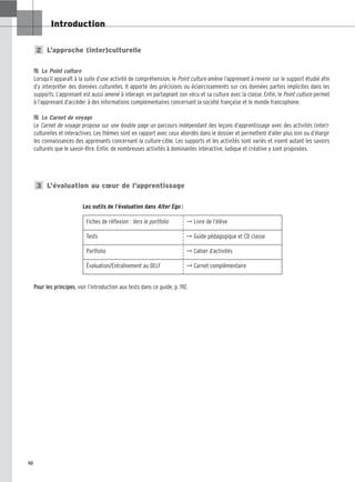Introduction
10
L’approche (inter)culturelle

 Le Point culture
Lorsqu’il apparaît à la suite d’une activité de compréhension, le Point culture amène l’apprenant à revenir sur le support étudié afin
d’y interpréter des données culturelles. Il apporte des précisions ou éclaircissements sur ces données parfois implicites dans les
supports. L’apprenant est aussi amené à interagir, en partageant son vécu et sa culture avec la classe. Enfin, le Point culture permet
à l’apprenant d’accéder à des informations complémentaires concernant la société française et le monde francophone.

 Le Carnet de voyage
Le Carnet de voyage propose sur une double page un parcours indépendant des leçons d’apprentissage avec des activités (inter)-
culturelles et interactives. Les thèmes sont en rapport avec ceux abordés dans le dossier et permettent d’aller plus loin ou d’élargir
les connaissances des apprenants concernant la culture-cible. Les supports et les activités sont variés et visent autant les savoirs
culturels que le savoir-être. Enfin, de nombreuses activités à dominantes interactive, ludique et créative y sont proposées.
L’évaluation au cœur de l’apprentissage
Les outils de l’évaluation dans Alter Ego :
Pour les principes, voir l’introduction aux tests dans ce guide, p. 192.
3
2
Fiches de réflexion : Vers le portfolio ➞ Livre de l’élève
Tests ➞ Guide pédagogique et CD classe
Portfolio ➞ Cahier d’activités
Évaluation/Entraînement au DELF ➞ Carnet complémentaire
 