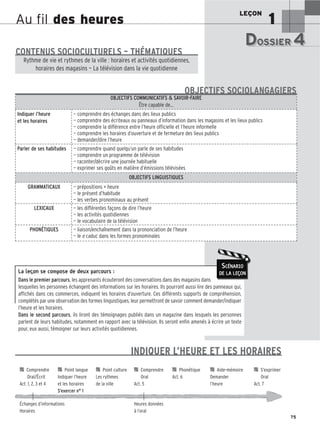 LEÇON
1
75
Au fil des heures
La leçon se compose de deux parcours :
Dans le premier parcours, les apprenants écouteront des conversations dans des magasins dans
lesquelles les personnes échangent des informations sur les horaires. Ils pourront aussi lire des panneaux qui,
affichés dans ces commerces, indiquent les horaires d’ouverture. Ces différents supports de compréhension,
complétés par une observation des formes linguistiques, leur permettront de savoir comment demander/indiquer
l’heure et les horaires.
Dans le second parcours, ils liront des témoignages publiés dans un magazine dans lesquels les personnes
parlent de leurs habitudes, notamment en rapport avec la télévision. Ils seront enfin amenés à écrire un texte
pour, eux aussi, témoigner sur leurs activités quotidiennes.
SCÉNARIO
DE LA LEÇON
DOSSIER 4
DOSSIER 4
Les (nouveaux) animaux de compagnie, les animaux préférés des Français.
CONTENUS SOCIOCULTURELS – THÉMATIQUES
Rythme de vie et rythmes de la ville : horaires et activités quotidiennes,
horaires des magasins — La télévision dans la vie quotidienne
OBJECTIFS COMMUNICATIFS  SAVOIR-FAIRE
Être capable de…
Indiquer l’heure
et les horaires
— comprendre des échanges dans des lieux publics
— comprendre des écriteaux ou panneaux d’information dans les magasins et les lieux publics
— comprendre la différence entre l’heure officielle et l’heure informelle
— comprendre les horaires d’ouverture et de fermeture des lieux publics
— demander/dire l’heure
Parler de ses habitudes — comprendre quand quelqu’un parle de ses habitudes
— comprendre un programme de télévision
— raconter/décrire une journée habituelle
— exprimer ses goûts en matière d’émissions télévisées
OBJECTIFS LINGUISTIQUES
GRAMMATICAUX — prépositions + heure
— le présent d’habitude
— les verbes pronominaux au présent
LEXICAUX — les différentes façons de dire l’heure
— les activités quotidiennes
— le vocabulaire de la télévision
PHONÉTIQUES — liaison/enchaînement dans la prononciation de l’heure
— le e caduc dans les formes pronominales
OBJECTIFS SOCIOLANGAGIERS
INDIQUER L’HEURE ET LES HORAIRES

 Comprendre 
 Point langue 
 Point culture 
 Comprendre 
 Phonétique 
 Aide-mémoire 
 S’exprimer
Oral/Écrit Indiquer l’heure Les rythmes Oral Act. 6 Demander Oral
Act. 1, 2, 3 et 4 et les horaires de la ville Act. 5 l’heure Act. 7
S’exercer n° 1
Échanges d’informations Heures données
Horaires à l’oral
 