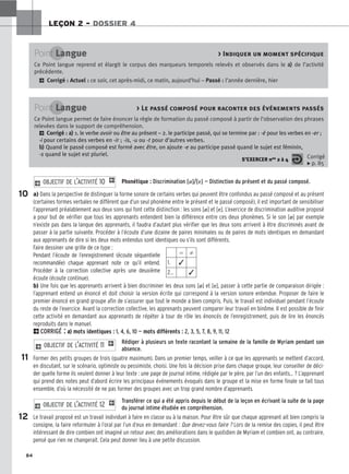 84
LEÇON 2 – DOSSIER 4
Phonétique : Discrimination [ø]/[e] — Distinction du présent et du passé composé.
a) Dans la perspective de distinguer la forme sonore de certains verbes qui peuvent être confondus au passé composé et au présent
(certaines formes verbales ne diffèrent que d’un seul phonème entre le présent et le passé composé), il est important de sensibiliser
l’apprenant préalablement aux deux sons qui font cette distinction : les sons [ø] et [e]. L’exercice de discrimination auditive proposé
a pour but de vérifier que tous les apprenants entendent bien la différence entre ces deux phonèmes. Si le son [ø] par exemple
n’existe pas dans la langue des apprenants, il faudra d’autant plus vérifier que les deux sons arrivent à être discriminés avant de
passer à la partie suivante. Procéder à l’écoute d’une dizaine de paires minimales ou de paires de mots identiques en demandant
aux apprenants de dire si les deux mots entendus sont identiques ou s’ils sont différents.
Faire dessiner une grille de ce type :
Pendant l’écoute de l’enregistrement (écoute séquentielle
recommandée) chaque apprenant note ce qu’il entend.
Procéder à la correction collective après une deuxième
écoute (écoute continue).
b) Une fois que les apprenants arrivent à bien discriminer les deux sons [ø] et [e], passer à cette partie de comparaison dirigée :
l’apprenant entend un énoncé et doit choisir la version écrite qui correspond à la version sonore entendue. Proposer de faire le
premier énoncé en grand groupe afin de s’assurer que tout le monde a bien compris. Puis, le travail est individuel pendant l’écoute
du reste de l’exercice. Avant la correction collective, les apprenants peuvent comparer leur travail en binôme. Il est possible de finir
cette activité en demandant aux apprenants de répéter à tour de rôle les énoncés de l’enregistrement, puis de lire les énoncés
reproduits dans le manuel.
2CORRIGÉ : a
a)
) mots identiques : 1, 4, 6, 10 — mots différents : 2, 3, 5, 7, 8, 9, 11, 12
Rédiger à plusieurs un texte racontant la semaine de la famille de Myriam pendant son
absence.
Former des petits groupes de trois (quatre maximum). Dans un premier temps, veiller à ce que les apprenants se mettent d’accord,
en discutant, sur le scénario, optimiste ou pessimiste, choisi. Une fois la décision prise dans chaque groupe, leur conseiller de déci-
der quelle forme ils veulent donner à leur texte : une page de journal intime, rédigée par le père, par l’un des enfants... ? L’apprenant
qui prend des notes peut d’abord écrire les principaux événements évoqués dans le groupe et la mise en forme finale se fait tous
ensemble, d’où la nécessité de ne pas former des groupes avec un trop grand nombre d’apprenants.
Transférer ce qui a été appris depuis le début de la leçon en écrivant la suite de la page
du journal intime étudiée en compréhension.
Le travail proposé est un travail individuel à faire en classe ou à la maison. Pour être sûr que chaque apprenant ait bien compris la
consigne, la faire reformuler à l’oral par l’un d’eux en demandant : Que devez-vous faire ? Lors de la remise des copies, il peut être
intéressant de dire combien ont imaginé un retour avec des améliorations dans le quotidien de Myriam et combien ont, au contraire,
pensé que rien ne changerait. Cela peut donner lieu à une petite discussion.
2 OBJECTIF DE L’ACTIVITÉ 12 1
2 OBJECTIF DE L’ACTIVITÉ 11 1
2 OBJECTIF DE L’ACTIVITÉ 10 1
Point Langue  Indiquer un moment spécifique
Ce Point langue reprend et élargit le corpus des marqueurs temporels relevés et observés dans le a
a)
) de l’activité
précédente.
2 Corrigé : Actuel : ce soir, cet après-midi, ce matin, aujourd’hui – Passé : l’année dernière, hier
Point Langue  Le passé composé pour raconter des événements passés
Ce Point langue permet de faire énoncer la règle de formation du passé composé à partir de l’observation des phrases
relevées dans le support de compréhension.
2 Corrigé : a
a)
) 1. le verbe avoir ou être au présent – 2. le participe passé, qui se termine par : -é pour les verbes en -er ;
-i pour certains des verbes en -ir ; -is, -u ou -t pour d’autres verbes.
b
b)
) Quand le passé composé est formé avec être, on ajoute -e au participe passé quand le sujet est féminin,
-s quand le sujet est pluriel.
S’EXERCER nos 2 à 4 Corrigé
x p. 85
10
11
12
⫽ ⫽
1. ✓
2… ✓
 