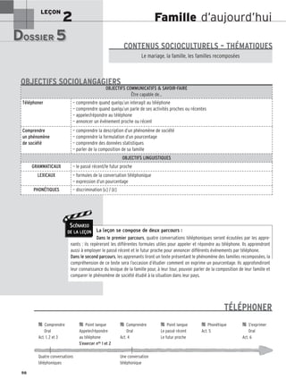 Famille d’aujourd’hui
LEÇON
2
DOSSIER 5
DOSSIER 5
Les (nouveaux) animaux de compagnie, les animaux préférés des Français.
Le mariage, la famille, les familles recomposées
CONTENUS SOCIOCULTURELS – THÉMATIQUES
La leçon se compose de deux parcours :
Dans le premier parcours, quatre conversations téléphoniques seront écoutées par les appre-
nants : ils repéreront les différentes formules utiles pour appeler et répondre au téléphone. Ils apprendront
aussi à employer le passé récent et le futur proche pour annoncer différents événements par téléphone.
Dans le second parcours, les apprenants liront un texte présentant le phénomène des familles recomposées, la
compréhension de ce texte sera l’occasion d’étudier comment on exprime un pourcentage. Ils approfondiront
leur connaissance du lexique de la famille pour, à leur tour, pouvoir parler de la composition de leur famille et
comparer le phénomène de société étudié à la situation dans leur pays.
OBJECTIFS COMMUNICATIFS  SAVOIR-FAIRE
Être capable de…
Téléphoner — comprendre quand quelqu’un interagit au téléphone
— comprendre quand quelqu’un parle de ses activités proches ou récentes
— appeler/répondre au téléphone
— annoncer un événement proche ou récent
Comprendre
un phénomène
de société
— comprendre la description d’un phénomène de société
— comprendre la formulation d’un pourcentage
— comprendre des données statistiques
— parler de la composition de sa famille
OBJECTIFS LINGUISTIQUES
GRAMMATICAUX — le passé récent/le futur proche
LEXICAUX — formules de la conversation téléphonique
— expression d’un pourcentage
PHONÉTIQUES — discrimination [ε] / [ε̃]
OBJECTIFS SOCIOLANGAGIERS
98
SCÉNARIO
DE LA LEÇON
TÉLÉPHONER

 Comprendre 
 Point langue 
 Comprendre 
 Point langue 
 Phonétique 
 S’exprimer
Oral Appeler/répondre Oral Le passé récent Act. 5 Oral
Act. 1, 2 et 3 au téléphone Act. 4 Le futur proche Act. 6
S’exercer nos 1 et 2
Quatre conversations Une conversation
téléphoniques téléphonique
 