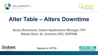Alter Table – Alters Downtime
 Becky Blackhurst, Global Applications Manager, TFP
      Mitesh Shah, Sr. Architect CNC, SYSTIME



                 Session id: 97730
 