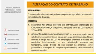 ALTERAÇÃO DO CONTRATO DE TRABALHO
REGRA GERAL:
O empregador não pode exigir do empregado serviço alheio ao contrato,
nem rebaixá-lo de cargo.
EXCEÇÕES
A. REVERSÃO AO CARGO EFETIVO DO EMPREGADO EXERCENTE DE
CARGO DE CONFIANÇA (artigo 468, parágrafo único da CLT e Súmula
372 do TST)
B. OCUPAÇÃO INTERINA DE CARGO DIVERSO ou se o empregado vier a
substituir eventualmente um colega em cargo distinto do seu. Nesse
sentido, o artigo 450 da CLT: Ao empregado chamado a ocupar, em
comissão, interinamente, ou em substituição eventual ou
temporária, cargo diverso do que exercer na empresa, serão
garantidas a contagem do tempo naquele serviço, bem como volta
ao cargo anterior.
 