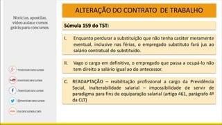 ALTERAÇÃO DO CONTRATO DE TRABALHO
Súmula 159 do TST:
I. Enquanto perdurar a substituição que não tenha caráter meramente
eventual, inclusive nas férias, o empregado substituto fará jus ao
salário contratual do substituído.
II. Vago o cargo em definitivo, o empregado que passa a ocupá-lo não
tem direito a salário igual ao do antecessor.
C. READAPTAÇÃO – reabilitação profissional a cargo da Previdência
Social, Inalterabilidade salarial – impossibilidade de servir de
paradigma para fins de equiparação salarial (artigo 461, parágrafo 4º
da CLT)
 