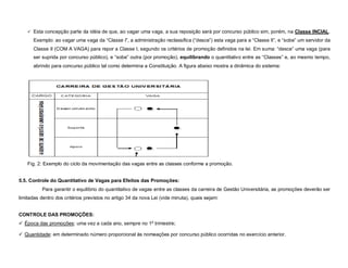  Esta concepção parte da idéia de que, ao vagar uma vaga, a sua reposição será por concurso público sim, porém, na Classe INCIAL.

      Exemplo: ao vagar uma vaga da “Classe I”, a administração reclassifica (“desce”) esta vaga para a “Classe II”, e “sobe” um servidor da
      Classe II (COM A VAGA) para repor a Classe I, segundo os critérios de promoção definidos na lei. Em suma: “desce” uma vaga (para
      ser suprida por concurso público), e “sobe” outra (por promoção), equilibrando o quantitativo entre as “Classes” e, ao mesmo tempo,
      abrindo para concurso público tal como determina a Constituição. A figura abaixo mostra a dinâmica do sistema:




    Fig. 2: Exemplo do ciclo da movimentação das vagas entre as classes conforme a promoção.


5.5. Controle do Quantitativo de Vagas para Efeitos das Promoções:
          Para garantir o equilíbrio do quantitativo de vagas entre as classes da carreira de Gestão Universitária, as promoções deverão ser
limitadas dentro dos critérios previstos no artigo 34 da nova Lei (vide minuta), quais sejam:


CONTROLE DAS PROMOÇÕES:
 Época das promoções: uma vez a cada ano, sempre no 1º trimestre;

 Quantidade: em determinado número proporcional às nomeações por concurso público ocorridas no exercício anterior.
 
