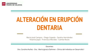 ALTERACIÓN EN ERUPCIÓN
DENTARIA
Dra. Carolina Nuñez - Dra. María Ignacia Dahmen - Clínica del individuo en Desarrollo l
Docentes:
María José Campos - Diego Cepeda - Sandra Hernández
Yesenia Jopia - Francisca Morales - Camila Roces
 