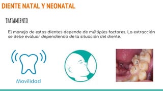DIENTE NATAL Y NEONATAL
TRATAMIENTO
El manejo de estos dientes depende de múltiples factores. La extracción
se debe evaluar dependiendo de la situación del diente.
 