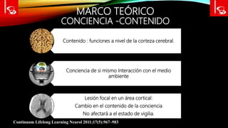 MARCO TEÓRICO
CONCIENCIA -CONTENIDO
Continuum Lifelong Learning Neurol 2011;17(5):967–983
Contenido : funciones a nivel de la corteza cerebral.
Conciencia de si mismo Interacción con el medio
ambiente
Lesión focal en un área cortical:
Cambio en el contenido de la conciencia
No afectará a el estado de vigilia.
 