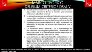 MARCO TEÓRICO
DELIRIUM-CRITERIOS DSM-V
American Psychiatric Association, editor. Guía de consulta de los criterios diagnósticos del DSM-5. Arlington, VA: American Psychiatric
Publishing; 2014. 438 p.
 