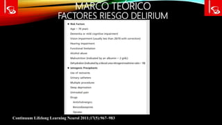 MARCO TEÓRICO
FACTORES RIESGO DELIRIUM
Continuum Lifelong Learning Neurol 2011;17(5):967–983
 