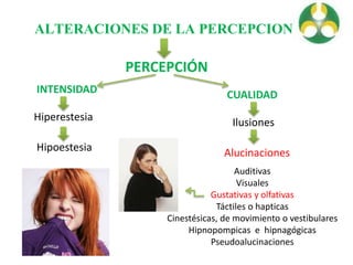 ALTERACIONES DE LA PERCEPCION
PERCEPCIÓN
INTENSIDAD
Hiperestesia
Hipoestesia
CUALIDAD
Ilusiones
Alucinaciones
Auditivas
Visuales
Gustativas y olfativas
Táctiles o hapticas
Cinestésicas, de movimiento o vestibulares
Hipnopompicas e hipnagógicas
Pseudoalucinaciones
 