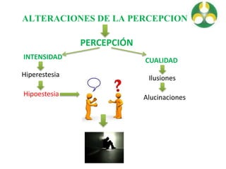 ALTERACIONES DE LA PERCEPCION
PERCEPCIÓN
INTENSIDAD
Hiperestesia
Hipoestesia
CUALIDAD
Ilusiones
Alucinaciones
 