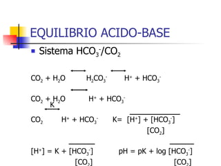 EQUILIBRIO ACIDO-BASE Sistema HCO 3 - /CO 2 CO 2  + H 2 O  H 2 CO 3 -   H +  + HCO 3 - CO 2  + H 2 O  H +  + HCO 3 - CO 2   H +  + HCO 3 -  K=  [H + ] + [HCO 3 - ] [CO 2 ] [H + ] = K + [HCO 3 - ]  pH = pK + log [HCO 3 - ] [CO 2 ]  [CO 2 ] K 
