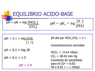 EQUILIBRIO ACIDO-BASE pH = pK + log [HCO 3 - ] [CO 2 ]  pH =  6.1  + log [ 24 ] [ 1.2 ] pH = 6.1 + log 20 pH = 6.1 + 1.3 pH = 7.4 pK del par HCO 3 - /CO 2  =  6.1 Concentraciones normales HCO 3 -  =  24 ±4 mEq/L CO 2  = 38-42 mm Hg Constante de solubilidad para el CO 2  = 0.03: 40 x 0.03 =  1.2  mEq/L 