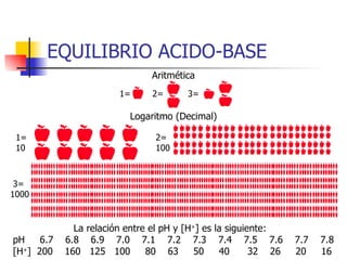 EQUILIBRIO ACIDO-BASE Aritmética 1= 2= 3= Logaritmo (Decimal) 1= 10 2= 100 3= 1000 La relación entre el pH y [H + ] es la siguiente:   pH     6.7    6.8    6.9    7.0    7.1    7.2    7.3    7.4    7.5    7.6    7.7    7.8 [H + ]  200    160   125   100     80    63     50     40      32    26     20     16   