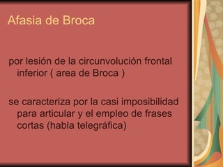 Afasia de Broca por lesión de la circunvolución frontal inferior ( area de Broca ) se caracteriza por la casi imposibilidad para articular y el empleo de frases cortas (habla telegráfica)  