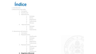 Índice
1. Introducción
2.Alteraciones del sodio:
1. Conceptos
2. Clasificación
3. Hiponatremia
1. Etiología
2. Clínica
3. Diagnóstico
4. Tratamiento
5. Manejo
4. Hipernatremia
1. Etiología
2. Clínica
3. Tratamiento
3. Alteraciones del potasio:
1. Conceptos
2. Hipopotasemia:
1. Clasificación
2. Etiología
3. Clínica
4. Diagnóstico
5. Tratamiento
3. Hiperpotasemia:
1. Clasificación
2. Etiología
3. Clínica
4. Tratamiento
4. Diagnóstico diferencial
 