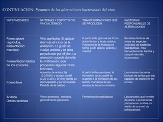 CONTINUACION: Resumen de las alteraciones bacterianas del vino
ENFERMEDADES SINTOMAS Y ESPECTO DEL
VINO ALTERADO
TRANSFORMACIONES QUE
SE PRODUCEN
BACTERIAS
RESPONSABLES DE
ALTERACIONES
Forma grave
(agridulce,
fermentación
manítica)
Fermentación láctica
de los azúcares.
Vino agridulce. El azúcar
disimula el inicio de la
alteración. El gusto se
vuelve acético y es más
perjudicado por el olor. La
alteración sucede durante
la vinificación. Son
propensos algunos vinos
licorosos.
A partir de la glucosa se forma
ácido láctico y ácido acético.
Partiendo de la fructosa se
forma ácido láctico, acético y
manitol.
Bacterias lácticas de
todas las especies
incluídas las bacterias
malolácticas, más
frecuentemente bacilos y
con pH más alto,
leuconostoc.
Forma leve
Aumento de acidez fija
(0,3-0,6%) y acidez Volátil
(0.25-0,35%). El vino pierde su
aterciopelado y se torna árido.
Pérdida de la calidad.
A partir de las pentosas, la
formación de ac.volátil es
superior a la formación de ác.
láctico. Partiendo de las
exosas se tiene lo contrario
Las mismas bacterias
lácticas de arriba que son
capaces de sobrevivir en
el vino.
Ahilado
Ondas sedosas
Vinos aceitosos, sedosos,
generalmente gaseosos.
Fermentación maloláctica Leuconostoc que forman
dextrano. Las bacterias
permanecen unidas por
medio de una red de
polisacaridos.
 