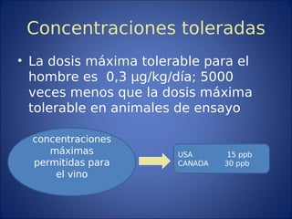 Concentraciones toleradas
• La dosis máxima tolerable para el
hombre es 0,3 µg/kg/día; 5000
veces menos que la dosis máxima
tolerable en animales de ensayo
concentraciones
máximas
permitidas para
el vino
USA 15 ppb
CANADA 30 ppb
 