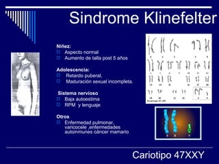 Sindrome Klinefelter Niñez:   Aspecto normal  Aumento de talla post 5 años Adolescencia:   Retardo puberal, Maduración sexual incompleta. Sistema nervioso Baja autoestima RPM  y lenguaje Otros Enfermedad pulmonar, varicocele ,enfermedades autoinmunes cáncer mamario Cariotipo 47XXY 