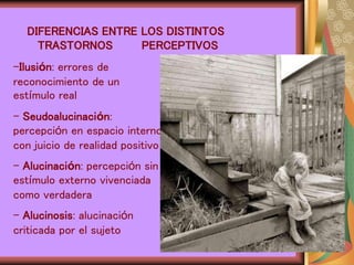 DIFERENCIAS ENTRE LOS DISTINTOS
TRASTORNOS PERCEPTIVOS
-Ilusión: errores de
reconocimiento de un
estímulo real
- Seudoalucinación:
percepción en espacio interno
con juicio de realidad positivo
- Alucinación: percepción sin
estímulo externo vivenciada
como verdadera
- Alucinosis: alucinación
criticada por el sujeto
 