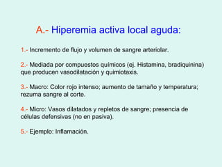 A.- Hiperemia activa local aguda:
1.- Incremento de flujo y volumen de sangre arteriolar.

2.- Mediada por compuestos químicos (ej. Histamina, bradiquinina)
que producen vasodilatación y quimiotaxis.

3.- Macro: Color rojo intenso; aumento de tamaño y temperatura;
rezuma sangre al corte.

4.- Micro: Vasos dilatados y repletos de sangre; presencia de
células defensivas (no en pasiva).

5.- Ejemplo: Inflamación.
 