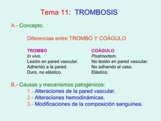 Tema 11: TROMBOSIS
A.- Concepto.

      Diferencias entre TROMBO Y COÁGULO

      TROMBO                      COÁGULO
      In vivo.                    Postmortem.
      Lesión en pared vascular.   No lesión en pared vascular.
      Adherido a la pared.        No adherido al vaso.
      Duro, no elástico.          Elástico.

B.- Causas y mecanismos patogénicos:
      1.- Alteraciones de la pared vascular.
      2.- Alteraciones hemodinámicas.
      3.- Modificaciones de la composición sanguínea.
 