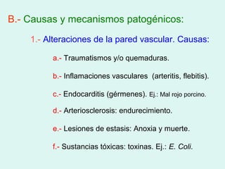 B.- Causas y mecanismos patogénicos:
    1.- Alteraciones de la pared vascular. Causas:

         a.- Traumatismos y/o quemaduras.

         b.- Inflamaciones vasculares (arteritis, flebitis).

         c.- Endocarditis (gérmenes). Ej.: Mal rojo porcino.

         d.- Arteriosclerosis: endurecimiento.

         e.- Lesiones de estasis: Anoxia y muerte.

         f.- Sustancias tóxicas: toxinas. Ej.: E. Coli.
 