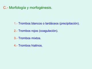 C.- Morfología y morfogénesis.



      1.- Trombos blancos o lardáceos (precipitación).

      2.- Trombos rojos (coagulación).

      3.- Trombos mixtos.

      4.- Trombos hialinos.
 