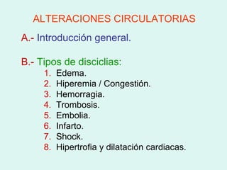 ALTERACIONES CIRCULATORIAS
A.- Introducción general.

B.- Tipos de disciclias:
     1.   Edema.
     2.   Hiperemia / Congestión.
     3.   Hemorragia.
     4.   Trombosis.
     5.   Embolia.
     6.   Infarto.
     7.   Shock.
     8.   Hipertrofia y dilatación cardiacas.
 